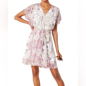 Hale Bob Catena Georgette Pink & White Paisley Faux Wrap Mini Dress Size XS
